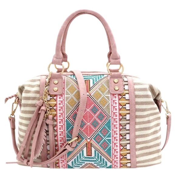 NWT MMS Design Studio Boho Aztec & Stripe Embroidered Canvas Purse Beige / Blush - Picture 1 of 8